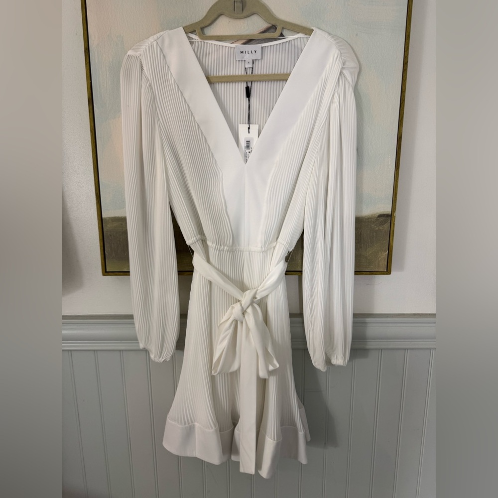 MILLY Liv Belted Pleated Long Sleeve Dress White NWT Size 4 - Picture 2 of 6
